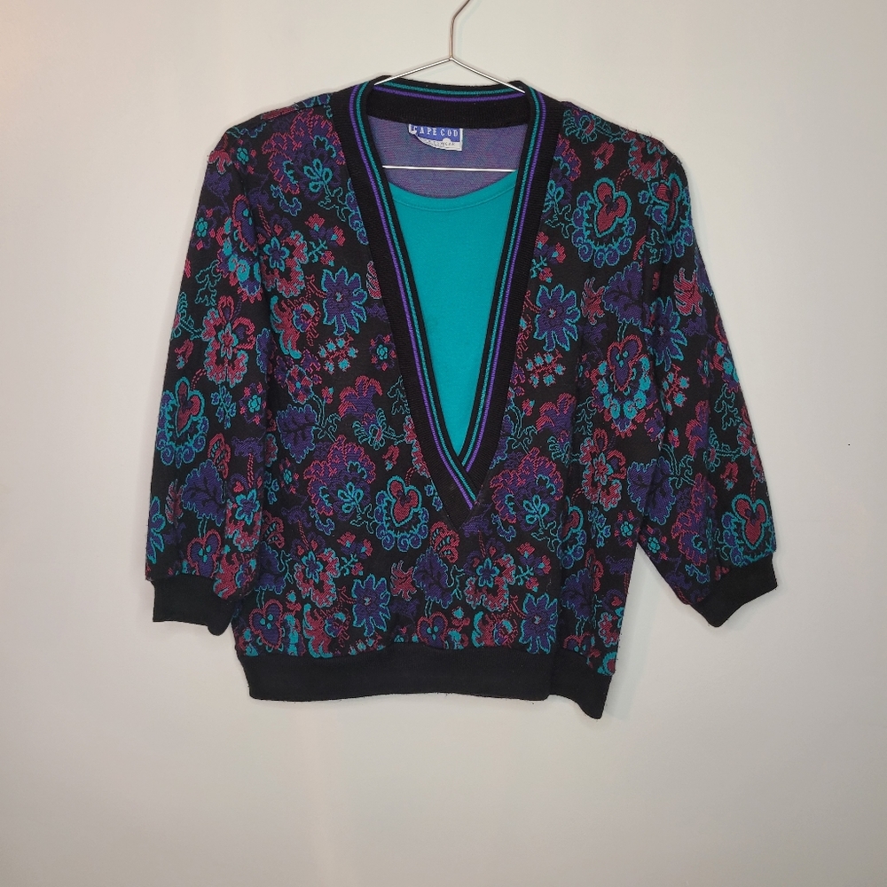 Cape Cod | Vintage 3/4 Sleeve Teal/Black/Purple  Deep V-Neck w/Under Shirt